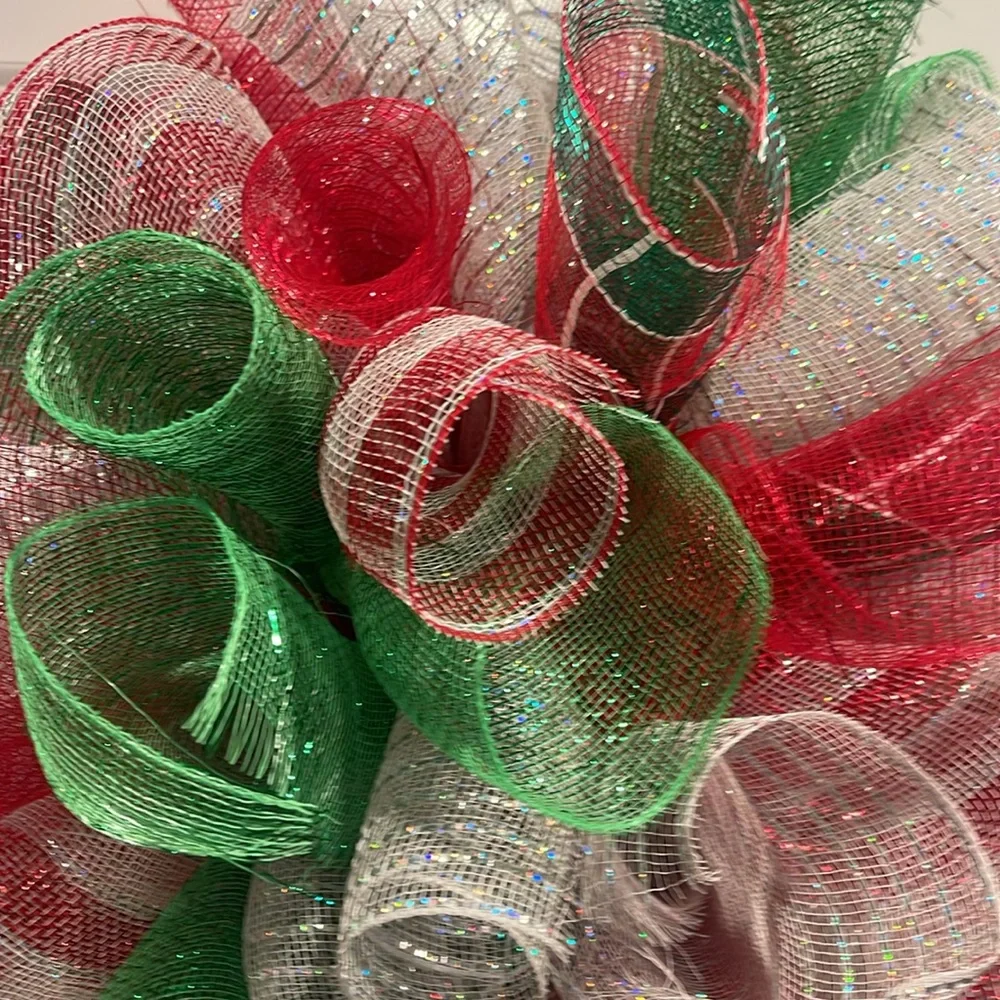 Festive Red, Green, and White Holiday Wreath Deco Mesh. Handmade.